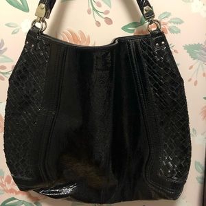 Elliott Lucca Black Patent-Leather Woven Satchel